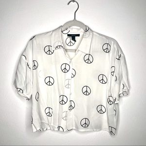 Forever 21 Cropped Peace Sign Button Up Shirt